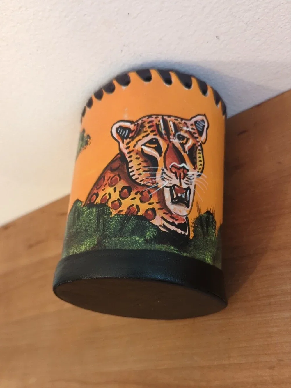 Hand-Painted Orange Jaguar Leather Pencil Holder -
